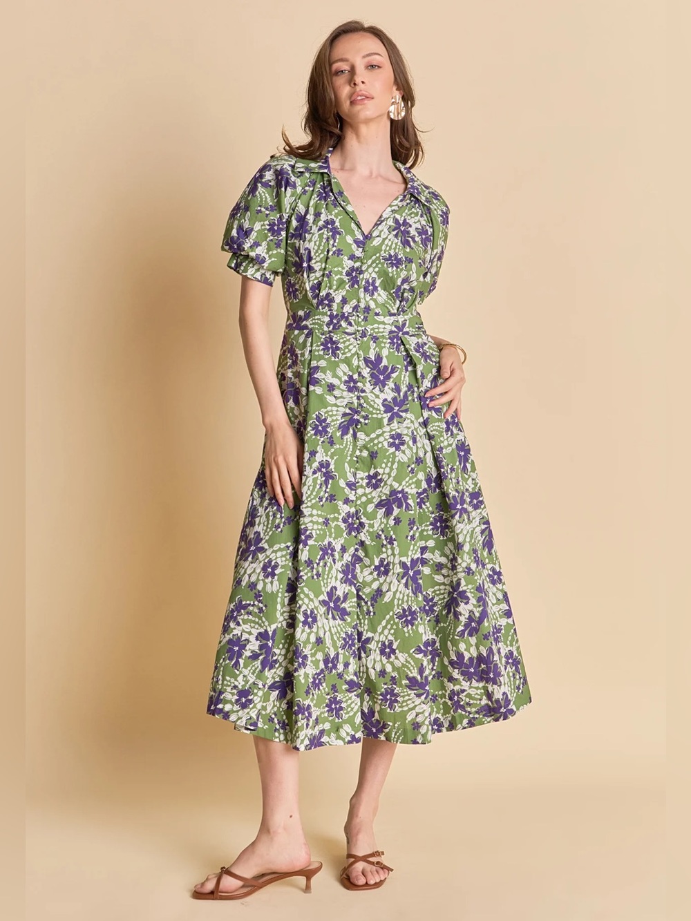 NWT English Factory Green Purple Floral Printed Midi Dress Size Small